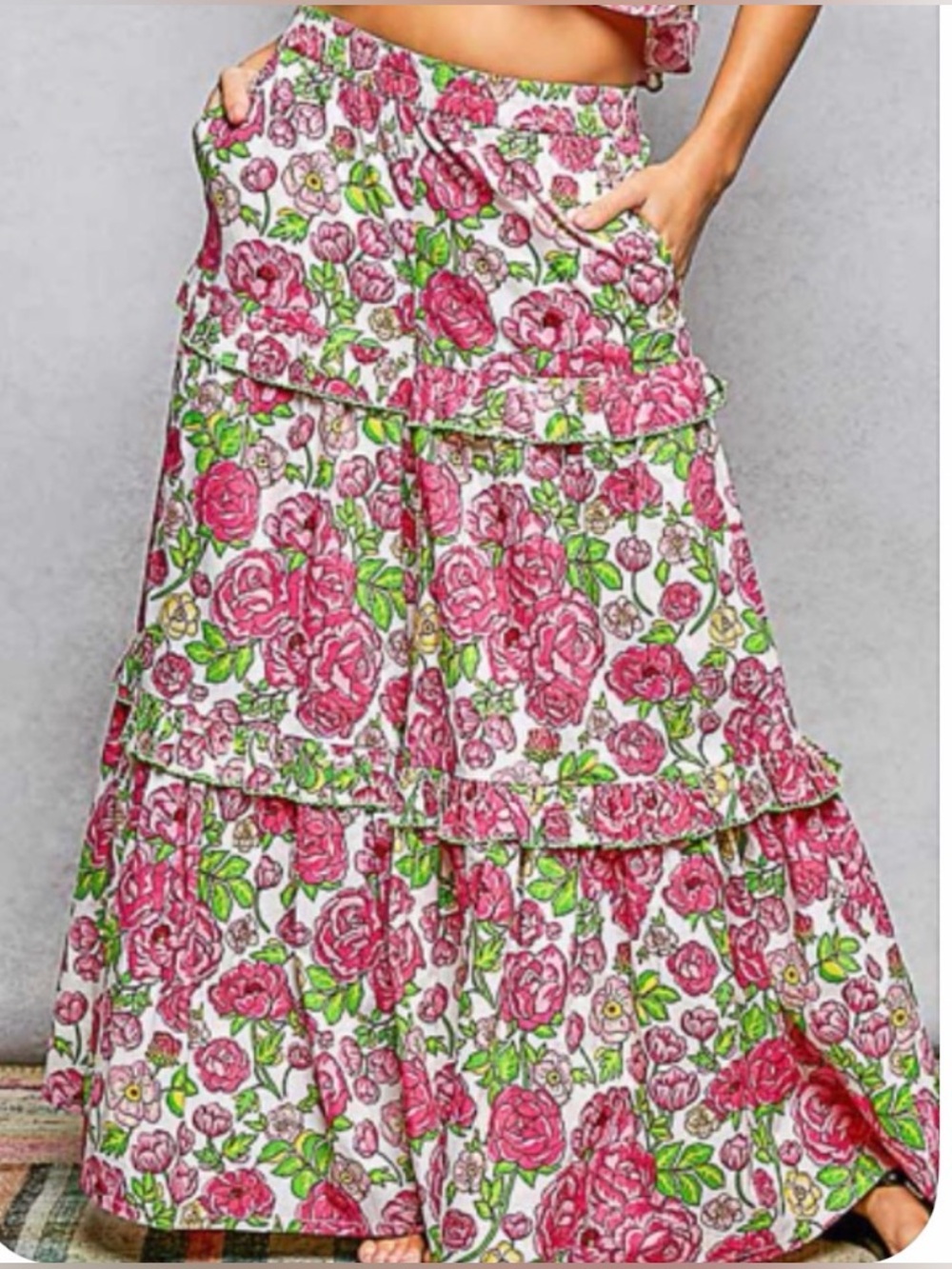 POL Floral Tiered Wide Leg Cropped Pants- Pink Rose Print